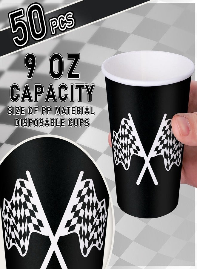 Whaline 50Pcs Checkered Racing Paper Cups 9 oz White Black Checkered Flag Disposable Cups Decorative Party Cups for Racecar Themed Birthday Party - Image 2
